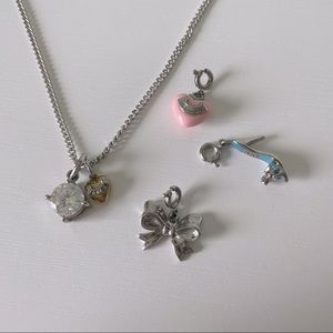 Juicy Couture silver chain necklace with jewel, hearts, bow, heeled shoe charms